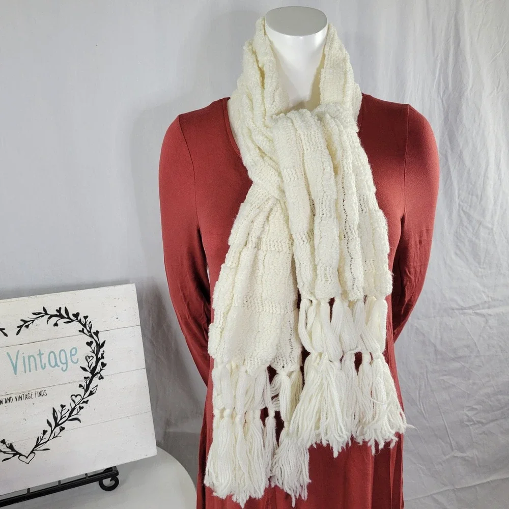 Cream White Textured Knit Scarf with Braided Tassel Fringe‎ Bohemian Wrap